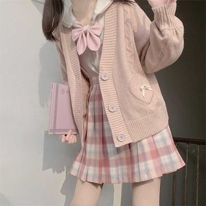 anbenser Spring Japan Kawaiiファッションピンクカーディガン女性ビンテージクロップニットセーターかわいい弓心韓国のJKスクールコート211218