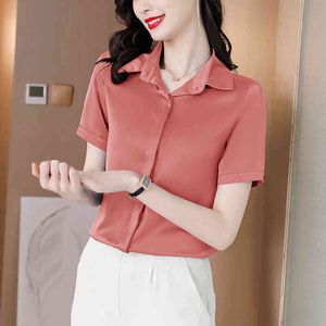Koreańska koszula damska jedwabnice bluzki dla kobiet z krótkim rękawem kobiet top polo kołnierz bluzka kobieta podstawowa 210427