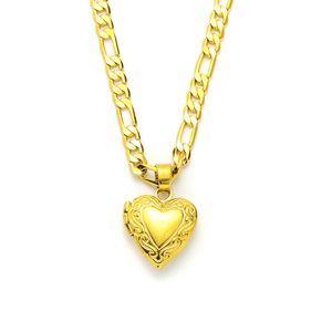 Damskie Linie Serce Wisiorek 14K Solid Yellow Gold GF Włoski Figaro Łańcuch Naszyjnik 24 