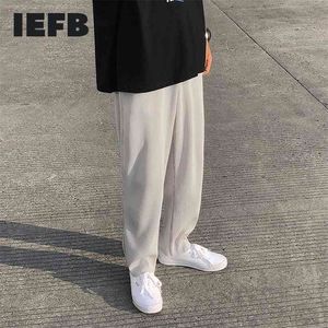 IEFB Summer Mäns Casual Pleated Byxor Straight Wide Leg Elastic Mid Waist Causal Japanese Style Mans Trousers 9Y5955 210715