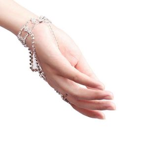 Bangle mode kvinnor flicka rhinestone metall hand sele kedja länk pärlor slav finger ring boho smycken armband