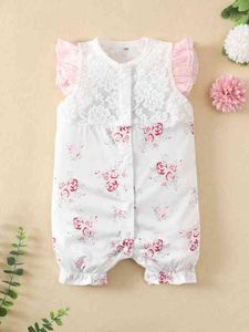 Baby Floral Print Lace Insert Butterfly Sleeve Romper SHE