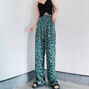 Harajuku-Stil Retro blauer Leopard hohe Taille breite Beinhose lose beiläufige drapierte Drag gerade Hose Frauen Flut Q0801