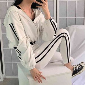 Casual Drawstring Black White Striped Women's Cropped Hoodies Autumn Harajuku Zip-Up Long Sleeve Female Hoodie Sweatshirt 210510