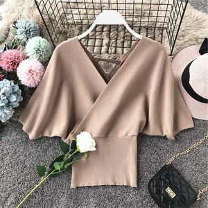 Kazaklar Siyah V Boyun Batwing Kol Kazak Kırpılmış Tüm Maç Rahat Backless Örme Gömlek Moda Elastik 210610 Tops Oymak