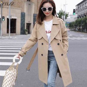 Sping Höst Kvinnor Khaki Trench Coat Streetwear Double Breasted Windbreaker Loose Fit Svart Ladies Outwear 210430