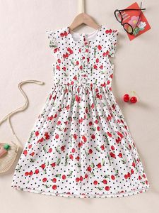 Girls Polka Dot & Cherry Print Square Neck Flutter Sleeve Dress SHE