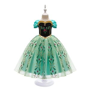 Princess Dress for Girl Snow Queen Short Sleeve Snowflake Sash Cosplay Fancy Costume Halloween Pageant Clothes Kids Green Clothing Q2