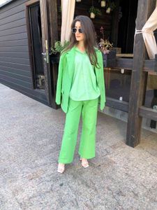 Xeasy Kobiety Dwuczęściowy Zestaw Apple Green Vintage Office Lady Single Button Blazer Kobiet Loose High Waist Spodnie Garnitury 210930