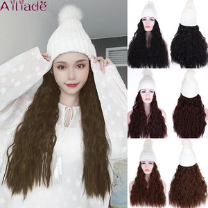 Chapéus femininos ondulados naturais ou extensões de cabelo sintéticas retas com limite de chapéu preto/branco all-in-one de limpeza