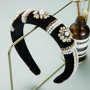 Lindo barroco brilhante flor de cristal headband para mulher vintage imitação pérola frisada esponja hairband festa festa feminina