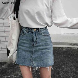 Casual High Waist Pencil Denim Kjolar Kvinnor Sommar Svart Blå Solid Fickor Knapp All-matchade Jeans Skirt X0428