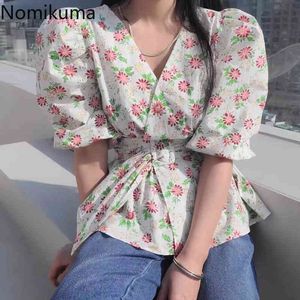 Nomikuma الكورية flroal النساء البلوزات النفخة كم الخامس الرقبة الأعلى قمصان الصيف جديد حزام ضئيلة الخصر أنيقة blusas فام 6H190 210427
