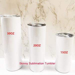 DIY Sublimation Blanks Skinny Tumbler 15oz 20oz 30oz Rostfritt stål Vin Straight Tumblers Isolerad Kaffe Kopp med halmfödelsedagspresent