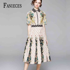 Luxuriöse Sommer Herbst Kleider Runway Frauen Bogen Hals Kurzarm Vintage Plaid Print Midi Kleid Vestidos Robe Femme Kleidung 210520