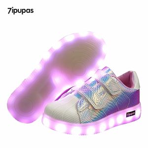 7ipupas Usb Charging kid Shoes shell pink Glowing Sneakers LED With Light Up Boys girls Basket Tenis Led Luminous 211022