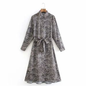 Spring Women Leopard Print Sashes Midi Shirt Klänning Kvinna Långärmad Kläder Casual Lady Loose Vestido D7132 210430