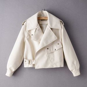 Moda Rahat Kadın PU Deri Ceketler Bahar Zarif Beyaz Bayanlar Mont Strheatwear Puf Kollu Kadın Ceket Kız Coat 211011
