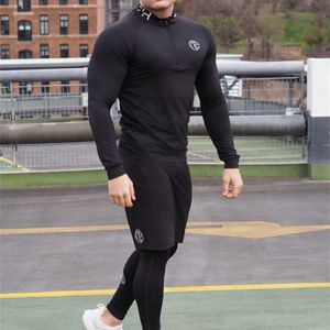 Męska chuda fitness 3 sztuki Zestawy Kulturystyka Kolarstwo Rozciąganie Dresy Tight Długim Rękawem Sportswears + 2 w 1 Legginsy Spodnie 211222