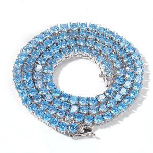 Hip Hop Iced Out 4mm Copper Sea Blue Zircon Tennis Chain Gold Silver Plated Mens Bling Jewelry Gift