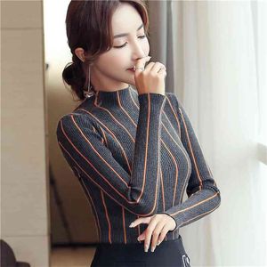 Paski Turtleneck Sweter Kobiety Zima Gruby Sweter Czerwony Koreański Panie Biuro Dzianiny Czarny Top Pull Femme 210520