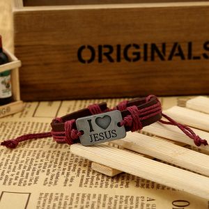 Retro I Love Jesus ID Bracciale Heart String Bracciali in pelle regolabili Bracciale rigido per donna Uomo Gioielli di moda Will e Sandy