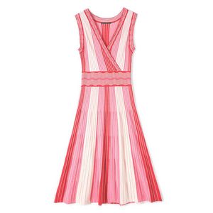 PERHAPS U Red Pink Strip Knitted Lurex Sleeveless Tank Ruched Deep V Neck Midi Dress Pleat Sexy Summer D0540 210529