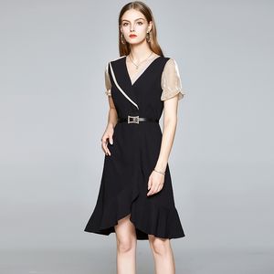 Summer Vintage Office Chic Dress Women Short Sleeve Asymmetrical For Girls Slim Dresses Vestidos 210520