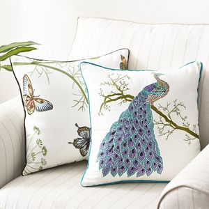 Cushion/Decorative Pillow Pastoral Embroidered Cushion Cover 45x45cm Peacock Butterfly White Decorative Pillows Boho Cotton Canvas Case Home