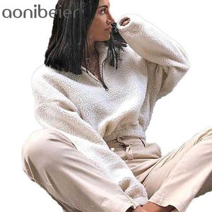White Faux Fur Short Jacket Warm Coat Winter Female Outwears Zipper Casual Ladies Long Sleeve Coats 210604