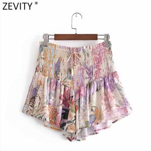 Zevity 여성 패션 플로랄 프린트 여름 주름 치마 반바지 Femme 세련된 탄성 허리 레이스 Pantalone Cortos P1028 210603