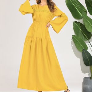 Full Cotton Maxi Long Dress for Women Elegant Yellow Pleated O Neck Flare Sleeve Empire Ethnic Arabic Clothes 210517