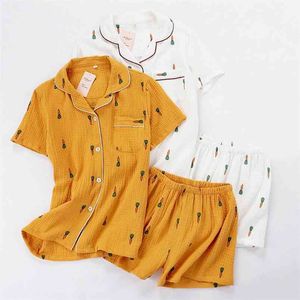Women Pajamas Set Summer Comfort Gauze Cotton Turn-down Collar Sleepwear Ladies Thin Loose Cartoon Carrot Printed Homewear 210830