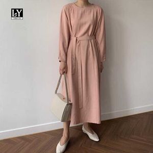 LY VAREY LIN Summer Long Sleeve Tie Up Slim Dress Una linea Solid O Neck Vita alta Mid-Calf Women Party 210526