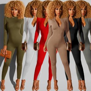 Activewear Casual Zipper Up Rompers Dam Jumpsuit Djup V-ringad Hel ärm One Piece Overall Workout Skinny Bodysuit Dam Jumpsuits