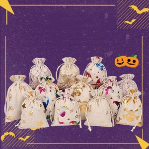 Bomullsduk Halloween Candy DrawString Bag Treat Candies Gifts Wrap Bat Bat Cat Witch Butterfly Skull Party Supplies Smycken Förpackning Pouch Decoration Th0075