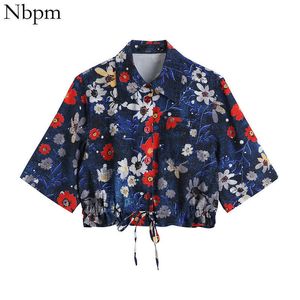 Summer Women's Clothing Crop TOP Female Shirt Vintage Fashion Blouses Tunic Retro Floral Pattern Women's Shirt Drawstring 210529