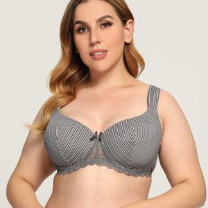 Sexy listrado sem costura push up sutiã alça larga anel de aço lace brassiere liso grande tamanho grande confortável roupa interior 90 d 105 e 210623