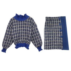 Women Blue Khaki Tweed Button Mini Skirt Zipper Pencil 2 Two Pieces Set Elegant Plaid Winter Turtleneck T0055 210514