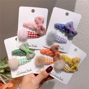 2 Pcs Sweet Girl Baby Fashion Bow Peluche Goccia d'acqua BB Clip Autum Winter New Children's Plaid Fabric Hairpin Hairpin Headwear