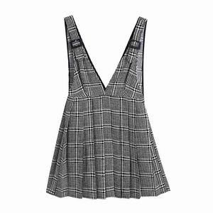 Eleganta kvinnor grå plädklänning mode damer v-nacke pläterade mini vestidos streetwear kvinnliga chic suspenders klänningar 210430