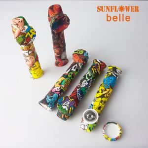 Cachimbo de mão de silicone colorido para fumar com impressão por transferência de água com tigela de metal e tampa de silicone Dab rig Cachimbo de água