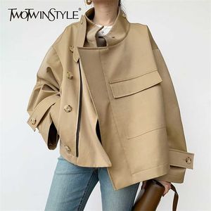 TWOTYLE Loose Patchwork Pocket Jacket For Women Lapel Long Sleeve Casual Solid Jackets Female Spring Fashion Clothing 211014