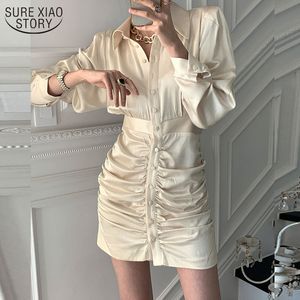 韓国のファッションシックな気質ソリッドプリーツドレス女性Puff長袖シングルブレストミニVestido 13064 210508