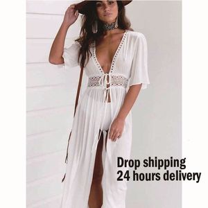 Bikini Cover Up Beach Long Maxi Dress Women Tunica Pareo White V Neck Robe Swimwear Costume da bagno wear