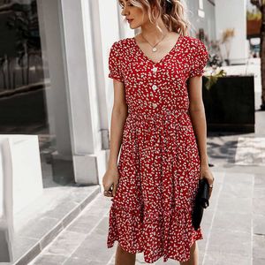 2020 Verão Elegante Boho Floral Imprimir Midi Dress Mulheres V Pescoço Botão Moda Beach Ruffles Vestidos Mulheres Sundresses Vestidos Y0603