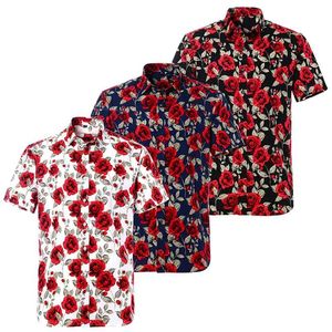 Summer Pure Cotton Short Sleeve US Size Hawaiian Rose Floral Beach Men's Shirt Regular Fit Breatahable 210721