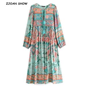 Bohemian Lace Up V Pescoço Localização Floral Impressão Vestido Turquesa Vermelho Vermelho Mulher Tassel Manga Longa Vestidos de Férias 210429