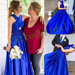 Plunging V Neck Beaded Crystals Prom Dresses Royal Blue satin Sleeveless Evening gowns Formal Party Wear Plus Size