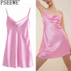 Summer Dresses Pink Floral Mini Woman Satin Slip Backless Women Strap Sexy Club Night Short 210519